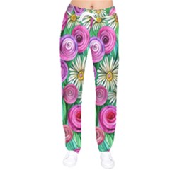 Tropical Flowers Pattern Women Velvet Drawstring Pants by GardenOfOphir