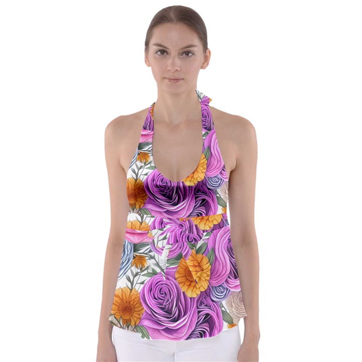 Country-chic Watercolor Flowers Babydoll Tankini Top