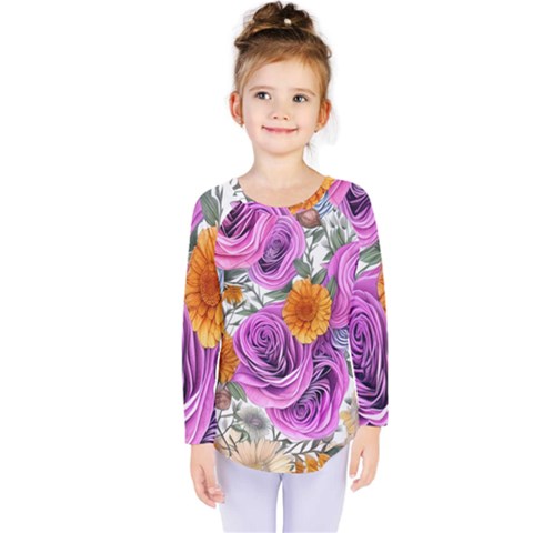 Country-chic Watercolor Flowers Kids  Long Sleeve Tee by GardenOfOphir