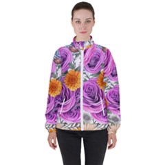 Country-chic Watercolor Flowers Women s High Neck Windbreaker by GardenOfOphir