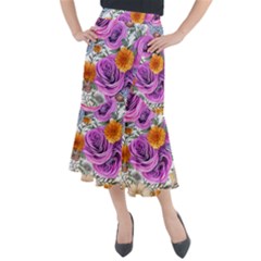 Country-chic Watercolor Flowers Midi Mermaid Skirt by GardenOfOphir