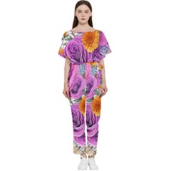 Country-chic Watercolor Flowers Batwing Lightweight Chiffon Jumpsuit