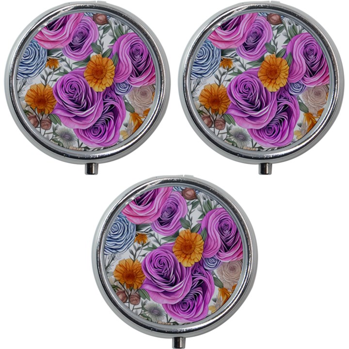 Country-chic Watercolor Flowers Mini Round Pill Box (Pack of 3)