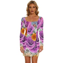 Country-chic Watercolor Flowers Long Sleeve Square Neck Bodycon Velvet Dress by GardenOfOphir