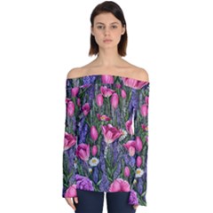 Cheerful Watercolor Flowers Off Shoulder Long Sleeve Top by GardenOfOphir