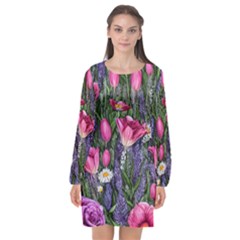 Cheerful Watercolor Flowers Long Sleeve Chiffon Shift Dress  by GardenOfOphir