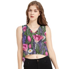 Cheerful Watercolor Flowers V-neck Cropped Tank Top by GardenOfOphir