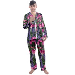 Cheerful Watercolor Flowers Men s Long Sleeve Satin Pajamas Set