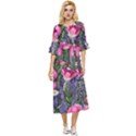 Cheerful Watercolor Flowers Double Cuff Midi Dress View1