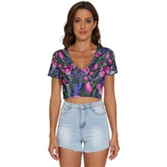 Cheerful Watercolor Flowers V-neck Crop Top by GardenOfOphir