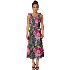 Cheerful Watercolor Flowers Tie-strap Tiered Midi Chiffon Dress by GardenOfOphir