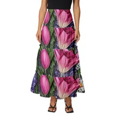 Cheerful Watercolor Flowers Tiered Ruffle Maxi Skirt