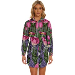 Cheerful Watercolor Flowers Womens Long Sleeve Shirt Dress