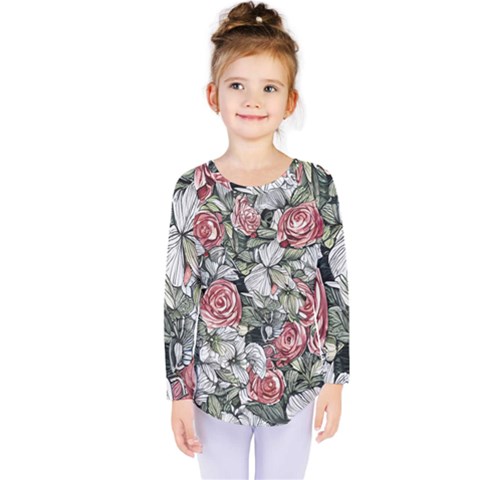 Retro Topical Botanical Flowers Kids  Long Sleeve Tee by GardenOfOphir