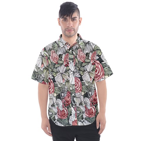 Retro Topical Botanical Flowers Men s Short Sleeve Shirt by GardenOfOphir