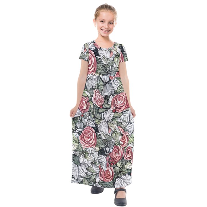 Retro Topical Botanical Flowers Kids  Short Sleeve Maxi Dress