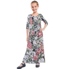 Retro Topical Botanical Flowers Kids  Quarter Sleeve Maxi Dress by GardenOfOphir