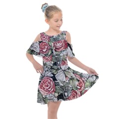 Retro Topical Botanical Flowers Kids  Shoulder Cutout Chiffon Dress by GardenOfOphir