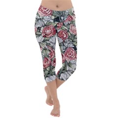 Retro Topical Botanical Flowers Lightweight Velour Capri Yoga Leggings by GardenOfOphir