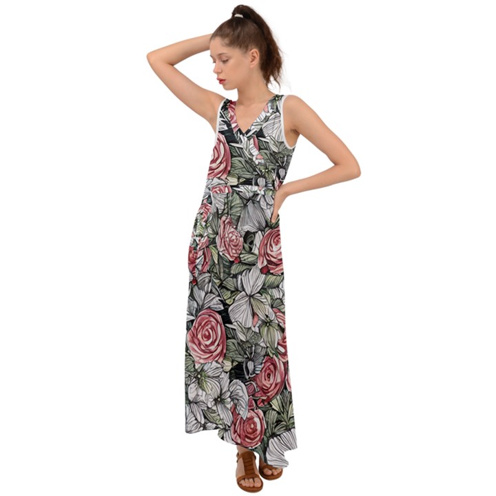 Retro Topical Botanical Flowers V-Neck Chiffon Maxi Dress