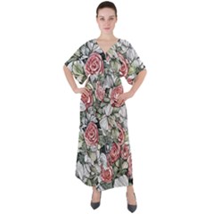 Retro Topical Botanical Flowers V-neck Boho Style Maxi Dress by GardenOfOphir