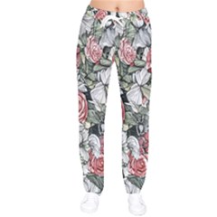 Retro Topical Botanical Flowers Women Velvet Drawstring Pants by GardenOfOphir