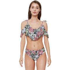 Retro Topical Botanical Flowers Ruffle Edge Tie Up Bikini Set	