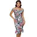 Retro Topical Botanical Flowers Off Shoulder Ruffle Split Hem Bodycon Dress View1