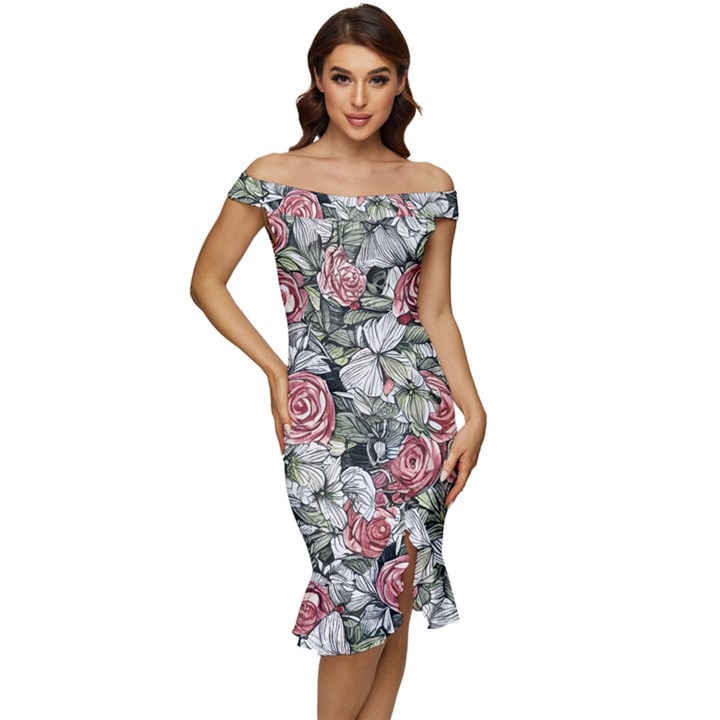 Retro Topical Botanical Flowers Off Shoulder Ruffle Split Hem Bodycon Dress