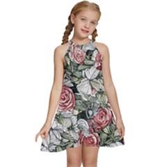 Retro Topical Botanical Flowers Kids  Halter Collar Waist Tie Chiffon Dress by GardenOfOphir