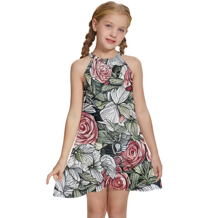 Retro Topical Botanical Flowers Kids  Halter Collar Waist Tie Chiffon Dress