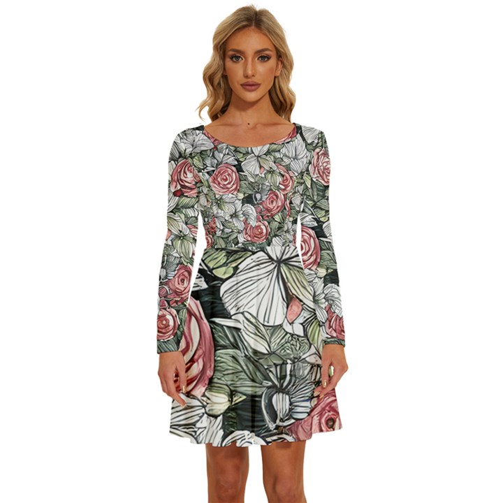 Retro Topical Botanical Flowers Long Sleeve Wide Neck Velvet Dress