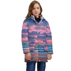 Sunset Over The Beach Kid s Hooded Longline Puffer Jacket by GardenOfOphir