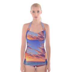 Summer Sunset Over Beach Boyleg Halter Swimsuit  by GardenOfOphir