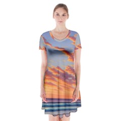 Summer Sunset Over Beach Short Sleeve V-neck Flare Dress by GardenOfOphir