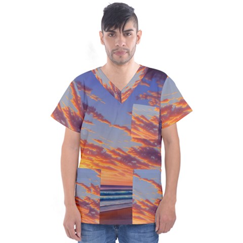 Summer Sunset Over Beach Men s V-neck Scrub Top by GardenOfOphir