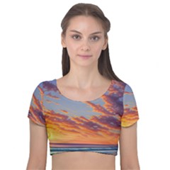 Summer Sunset Over Beach Velvet Short Sleeve Crop Top  by GardenOfOphir