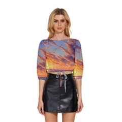 Summer Sunset Over Beach Mid Sleeve Drawstring Hem Top