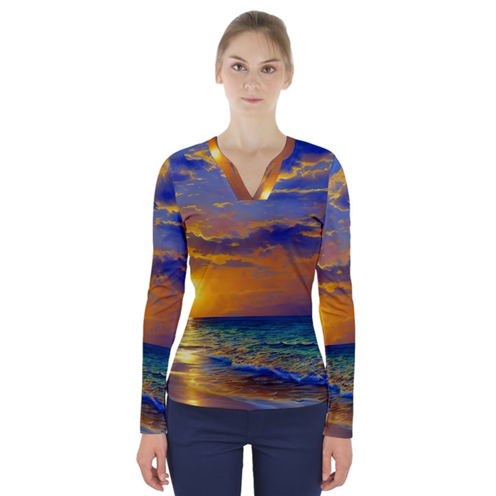 Nature Sunset V-Neck Long Sleeve Top