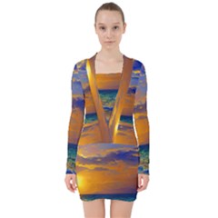 Nature Sunset V-neck Bodycon Long Sleeve Dress by GardenOfOphir