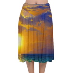 Nature Sunset Velvet Flared Midi Skirt by GardenOfOphir