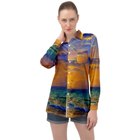 Nature Sunset Long Sleeve Satin Shirt by GardenOfOphir