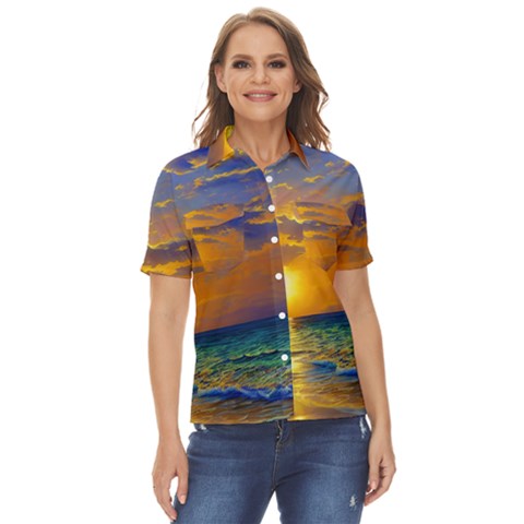 Nature Sunset Women s Short Sleeve Double Pocket Shirt by GardenOfOphir