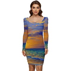 Nature Sunset Women Long Sleeve Ruched Stretch Jersey Dress by GardenOfOphir