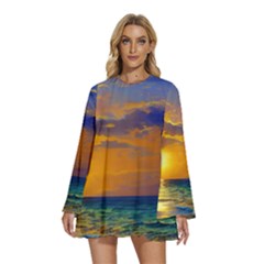 Nature Sunset Round Neck Long Sleeve Bohemian Style Chiffon Mini Dress