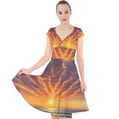 Waves At Sunset Cap Sleeve Front Wrap Midi Dress by GardenOfOphir