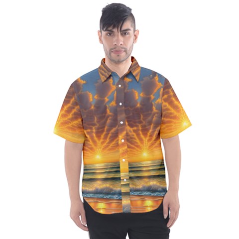 Waves At Sunset Men s Short Sleeve Shirt by GardenOfOphir