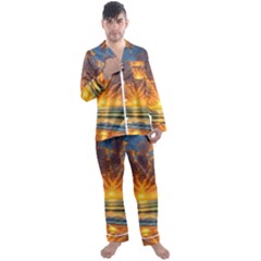 Waves At Sunset Men s Long Sleeve Satin Pajamas Set by GardenOfOphir