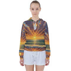 Waves At Sunset Women s Tie Up Sweat by GardenOfOphir