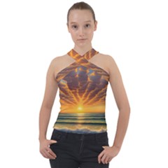 Waves At Sunset Cross Neck Velour Top by GardenOfOphir